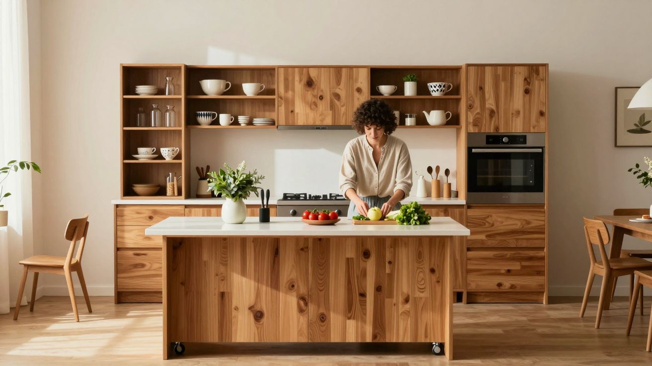 Persona corta verduras en una cocina moderna con muebles de madera y luz natural.