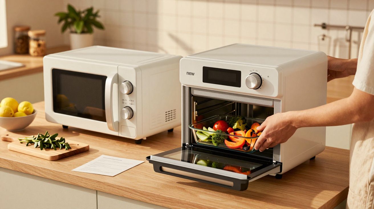 Persona colocando verduras en un mini horno en una cocina moderna, junto a un microondas blanco.