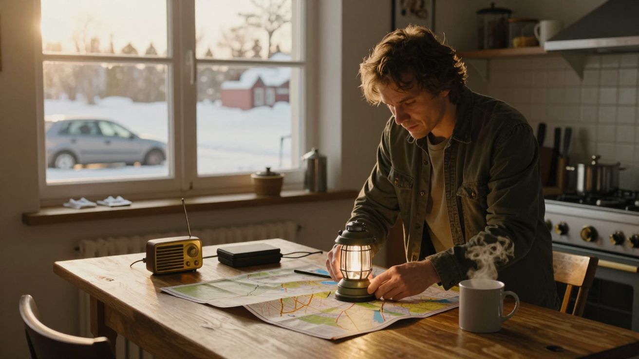Hombre consultando un mapa en la cocina con lámpara, radio y taza de café humeante, vistas invernales por la ventana.
