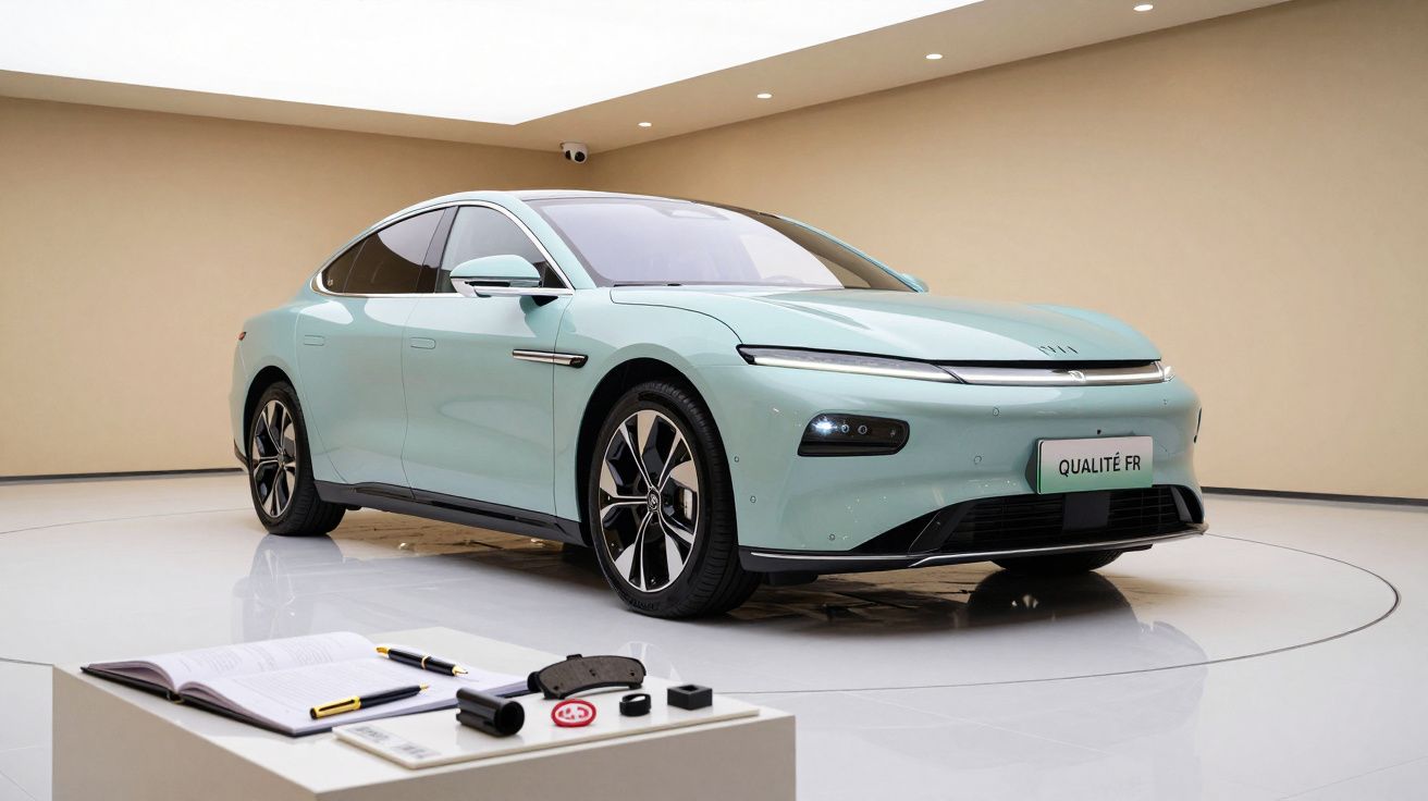 Coche eléctrico azul claro en una sala de exhibición, con mesa en primer plano y artículos abiertos sobre ella.