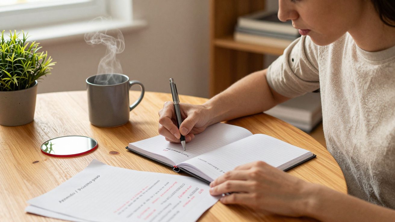 Mujer escribiendo en un cuaderno en una mesa de madera, junto a una taza humeante y una planta pequeña.