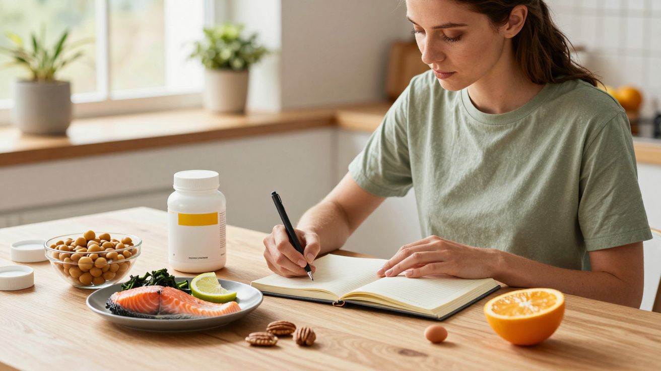 Mujer escribiendo en un cuaderno frente a alimentos saludables en una mesa de cocina, incluyendo salmón y frutas.