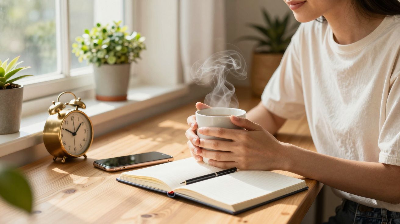 Persona sosteniendo una taza humeante junto a un cuaderno, un móvil y un reloj despertador en una mesa de madera.