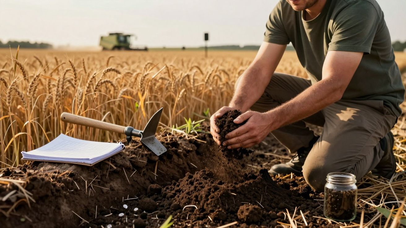 Persona revisando la calidad del suelo en un campo de trigo, con herramientas, libreta y tractor en el fondo.