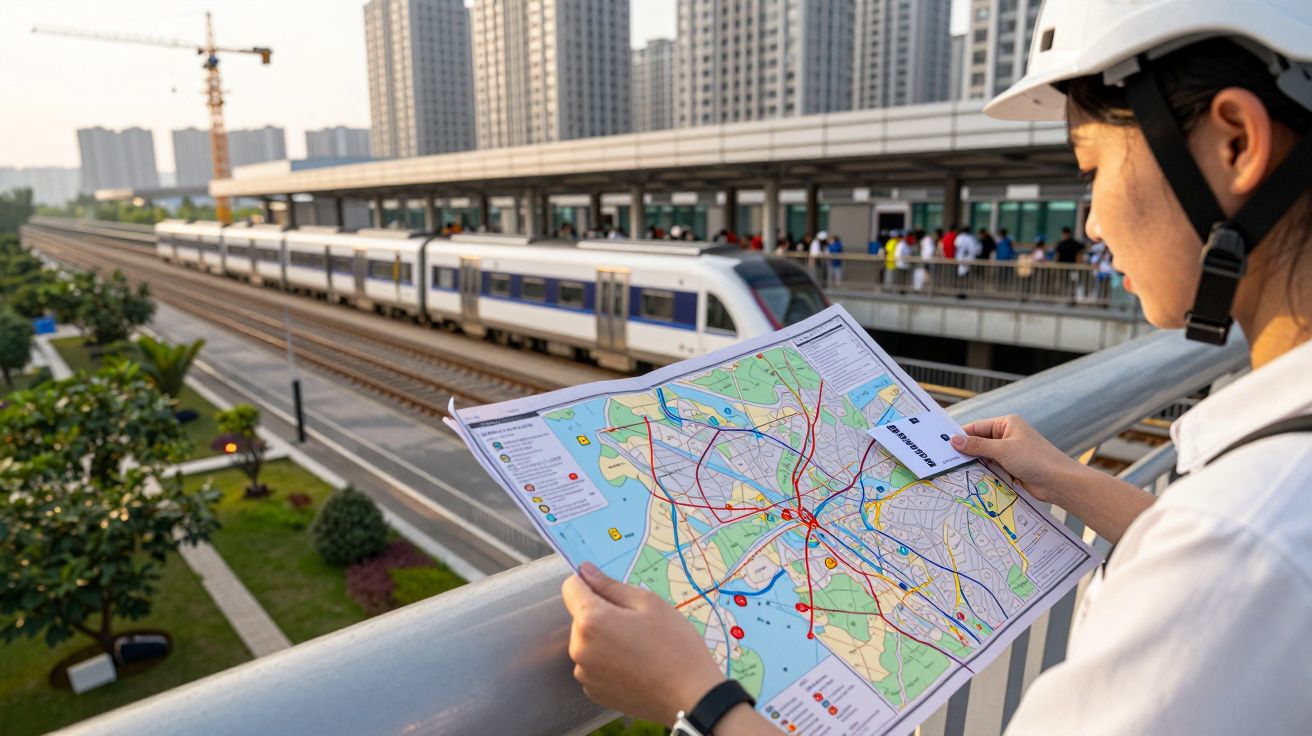 Persona con casco observa un plano de metro en un puente, detrás un tren en una estación y edificios altos al fondo.