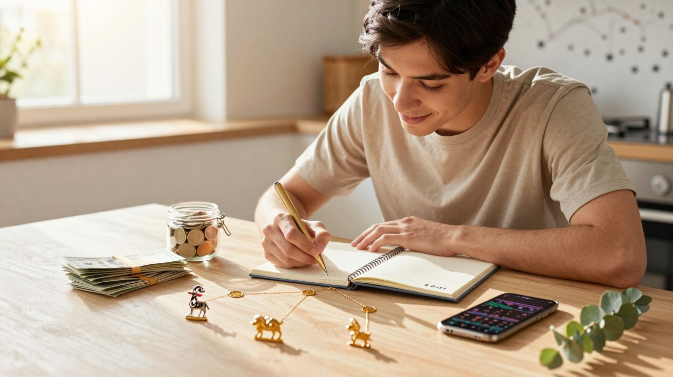 Joven escribiendo en un cuaderno, rodeado de billetes, monedas, figuras de camellos y un smartphone en la mesa.