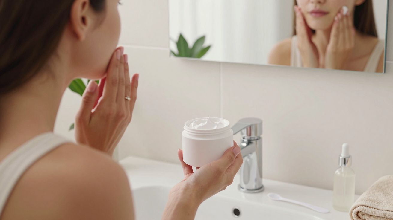 Mujer aplicándose crema facial frente al espejo en un baño, con frasco en mano y productos de belleza sobre el lavabo.