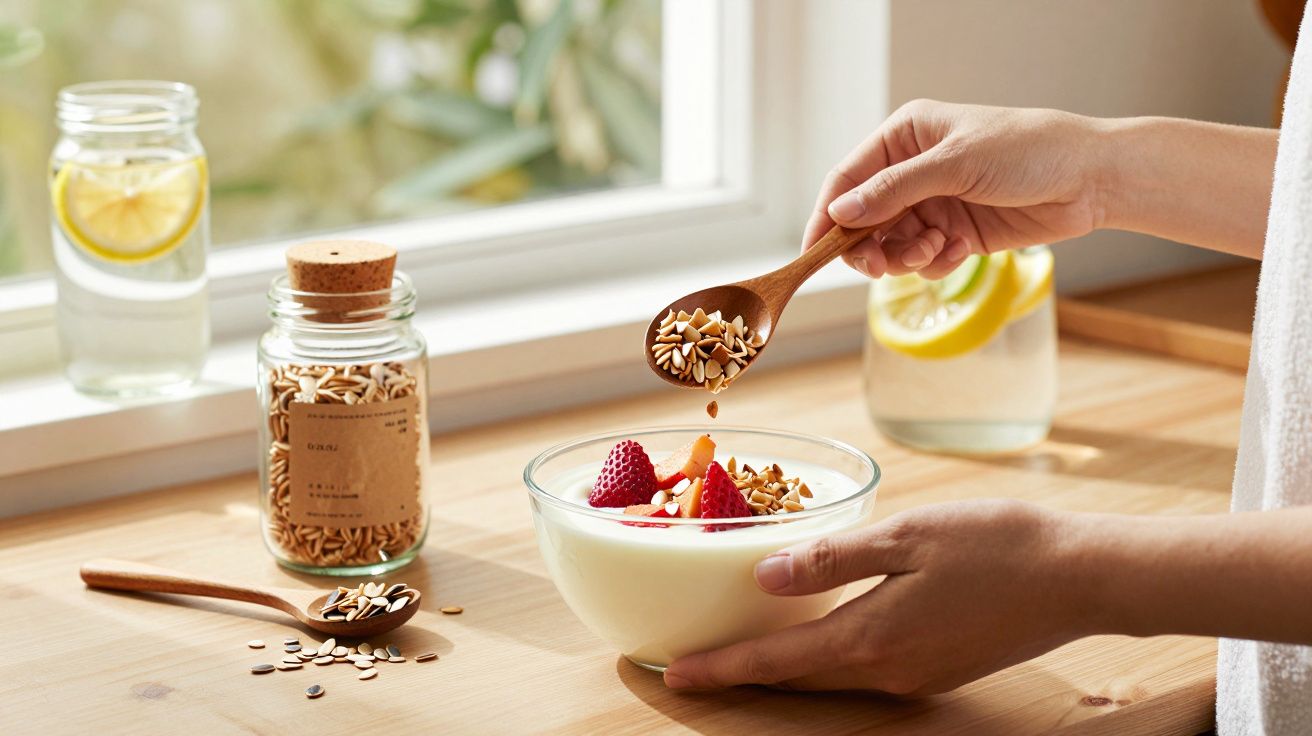 Mano agrega semillas a un tazón de yogur con fresas en una cocina iluminada.