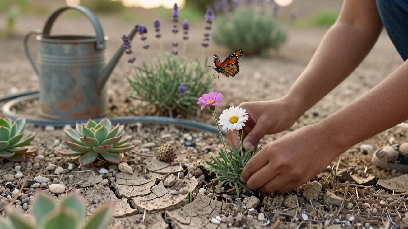 Manos cuidando flores en un jardín seco, una mariposa revolotea cerca, regadera y suculentas alrededor.