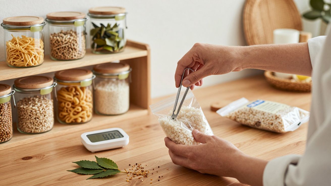 Persona usando pinzas para cerrar bolsa de arroz en cocina con frascos de alimentos y termómetro sobre la mesa.