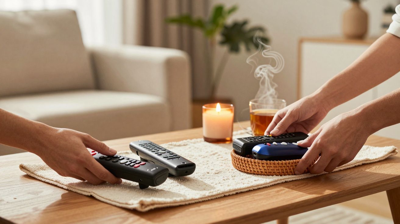 Dos personas colocando mandos a distancia sobre una mesa con una vela y una bebida caliente en el fondo.