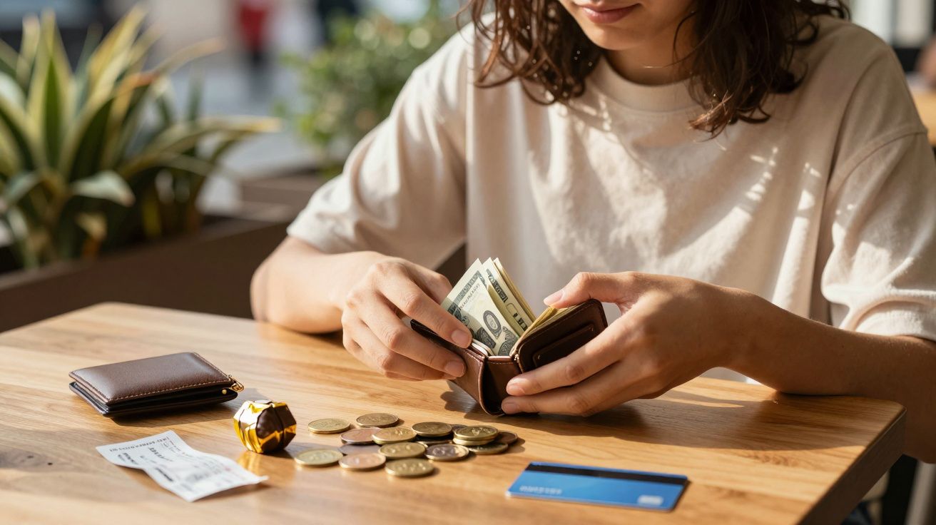Persona contando billetes junto a monedas, cartera y tarjeta sobre una mesa de madera en un café.