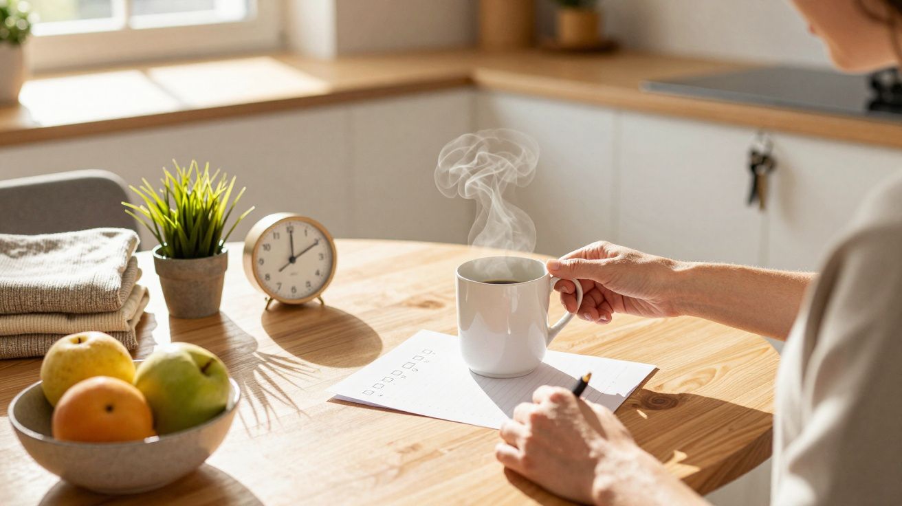 Persona con taza humeante en cocina soleada, junto a reloj, papel, lápiz y frutero en la mesa de madera.