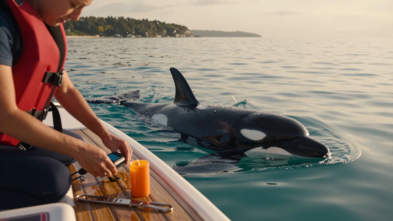 Persona sobre tabla de remo en el mar con una orca nadando al lado. Al fondo, costa con árboles y cielo despejado.