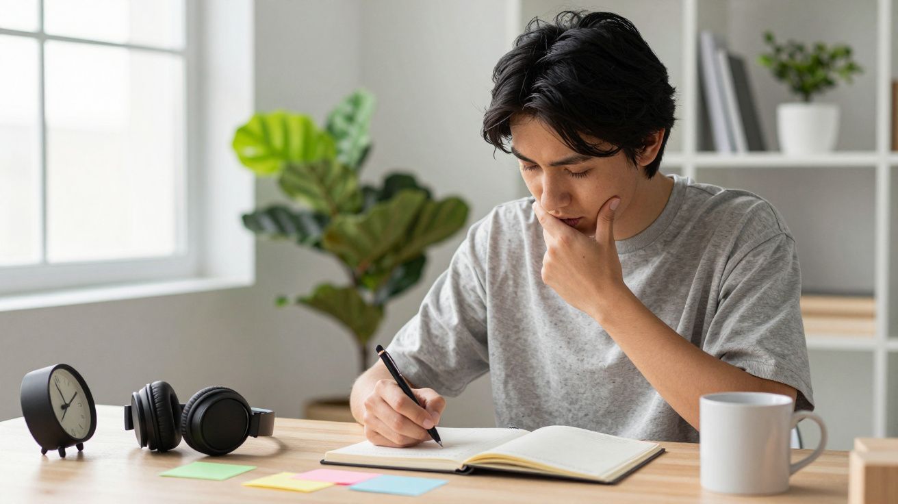 Persona escribiendo en un cuaderno en un escritorio, rodeada de adhesivos, un despertador, auriculares y una taza.