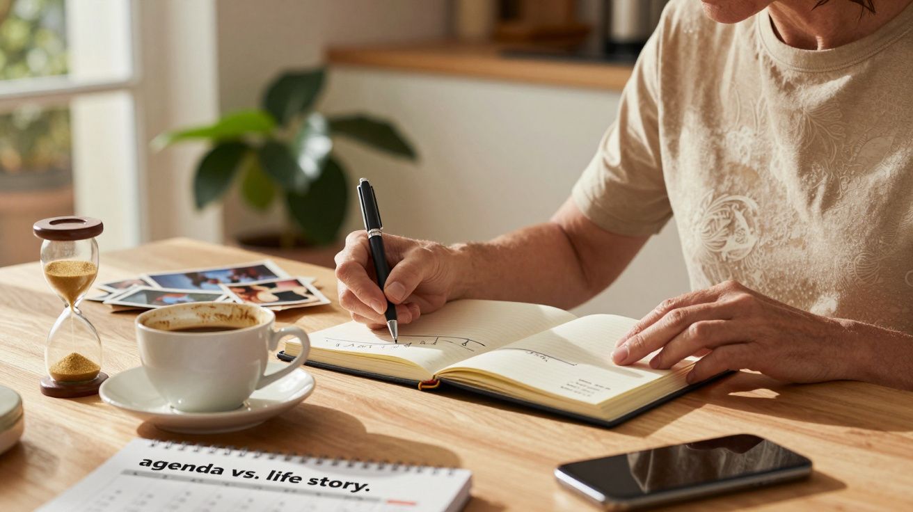 Persona escribiendo en un cuaderno en una mesa con café, fotografías, reloj de arena, calendario y móvil.