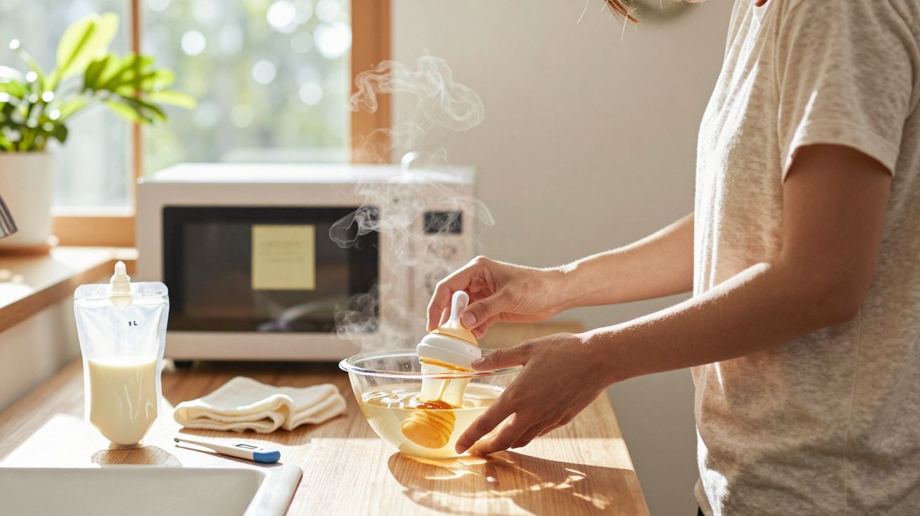 Persona calentando un biberón en un bol con agua caliente en la cocina.