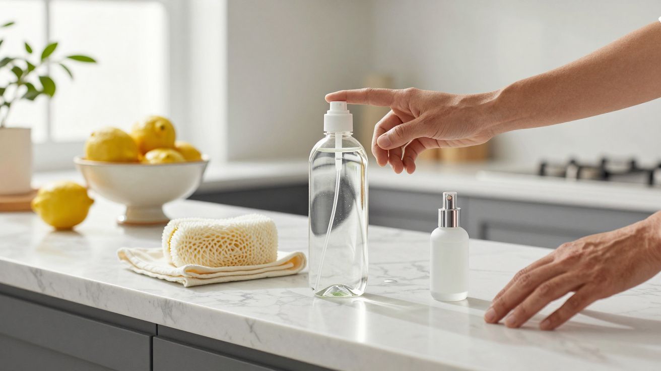 Mano presionando dispensador de jabón en la cocina con limones y paño en la encimera de mármol blanco.
