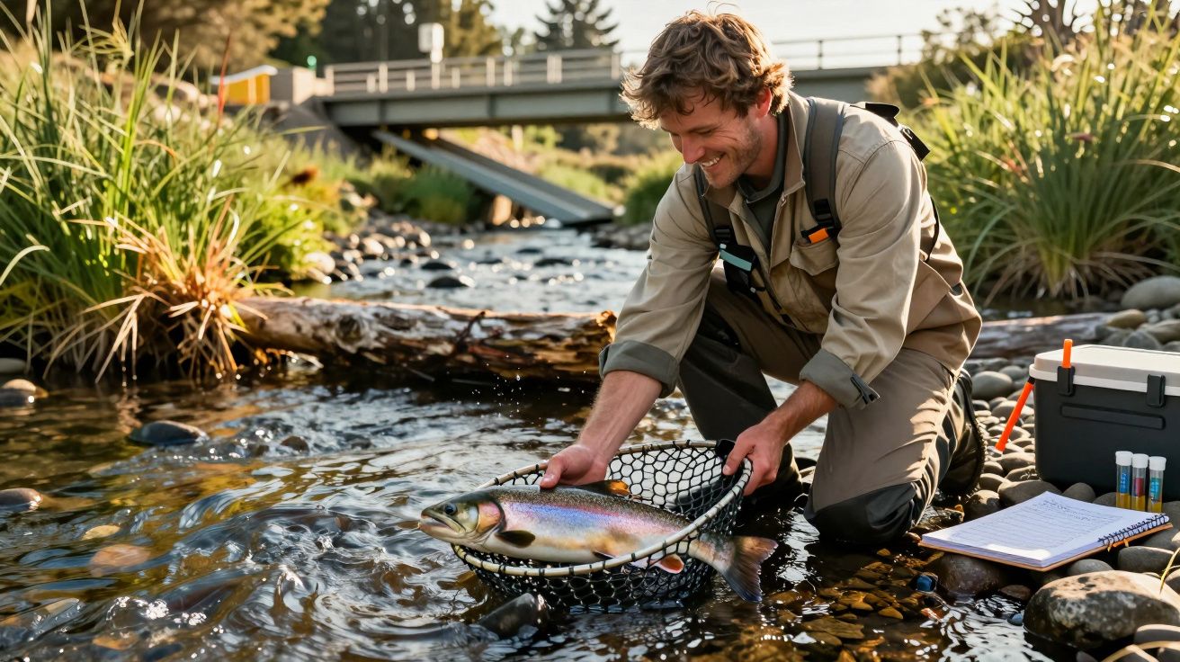 Hombre sonriente en un río pescando, sostiene un pez grande en una red cerca de un puente y equipo de pesca.