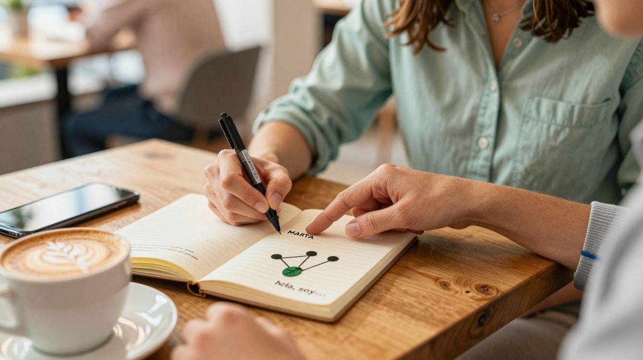 Personas anotando diagramas en un cuaderno en una cafetería, con un café con leche y un móvil sobre la mesa.