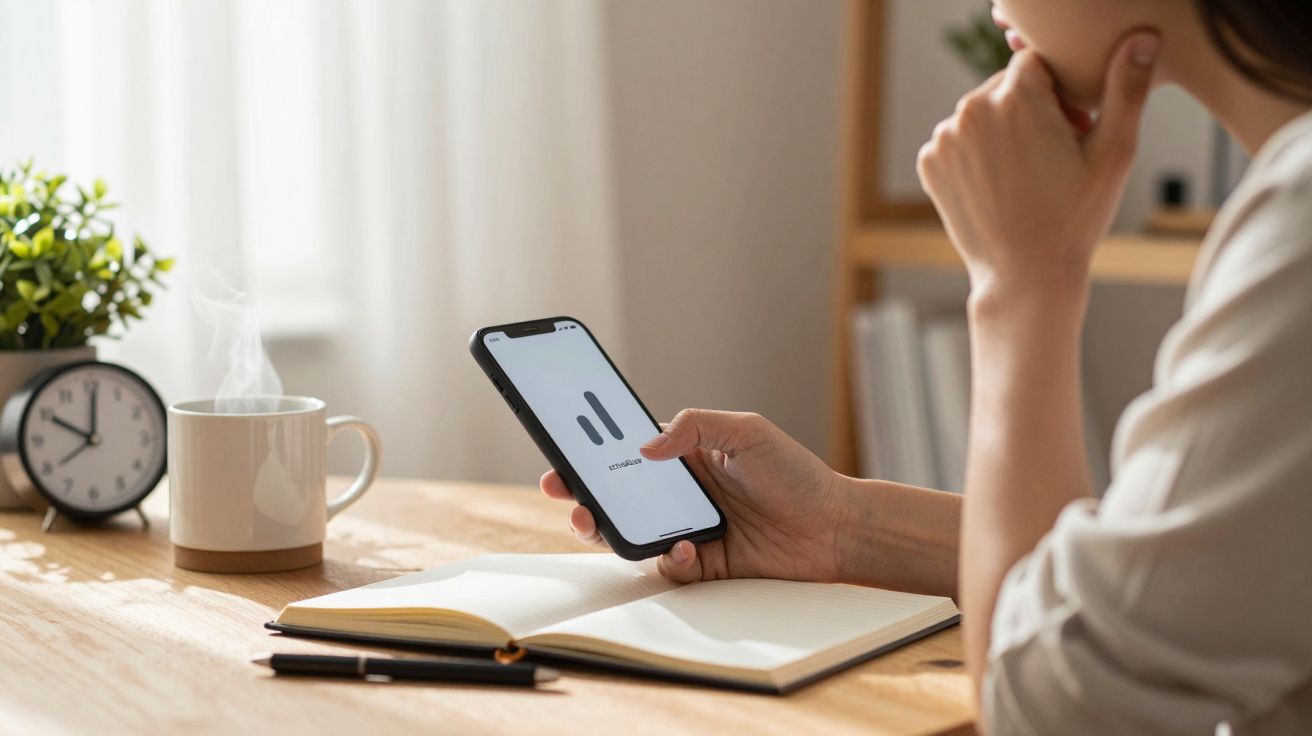 Persona usando un móvil en una mesa con taza humeante, cuaderno abierto y reloj a las 7:05.