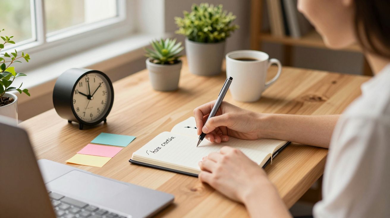 Persona escribiendo en un cuaderno en un escritorio con ordenador portátil, reloj, café y plantas.