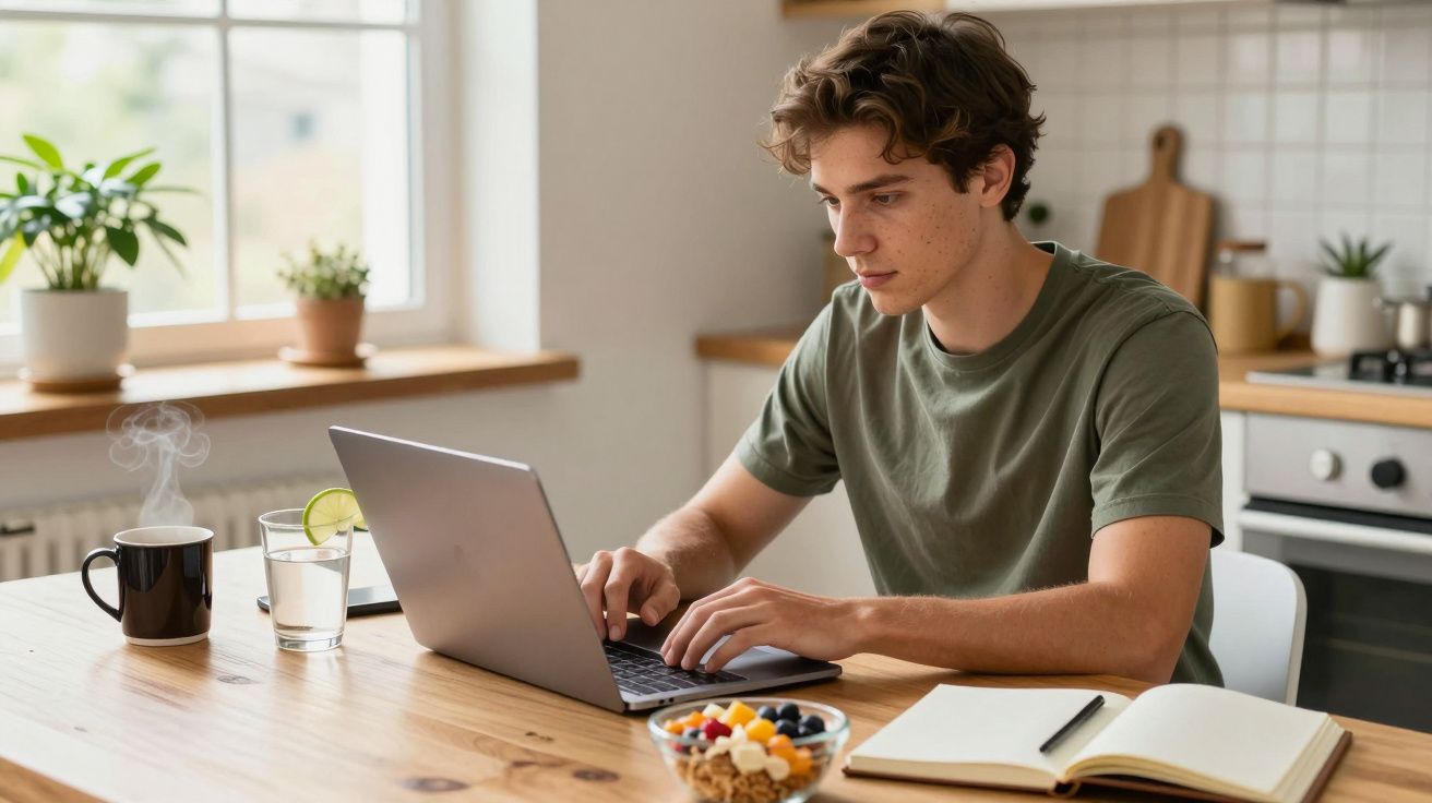 Joven concentrado usando portátil en cocina moderna, con cuaderno, taza humeante y vaso de agua en la mesa.