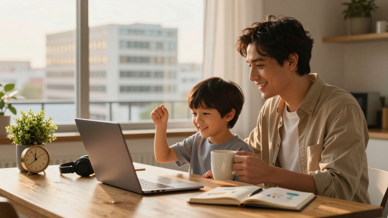Padre e hijo sonríen mientras miran un portátil juntos en una mesa, con una planta y una taza de café al lado.