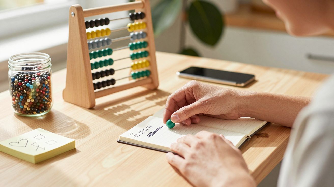 Persona escribiendo en un cuaderno, abaco, frasco con bolas de colores y teléfono en una mesa de madera iluminada por el sol.
