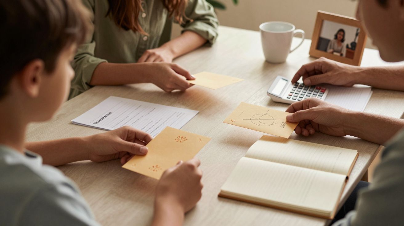 Personas revisando papeles en una mesa con calculadora, cuaderno y taza de café.