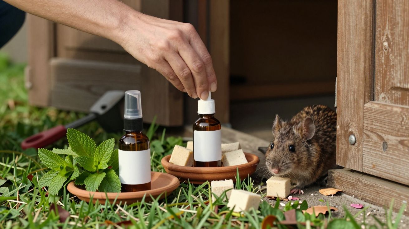 Mano colocando frasco junto a ratón saliendo de una caseta en el césped, con platos de aceites y cubos de alimento.